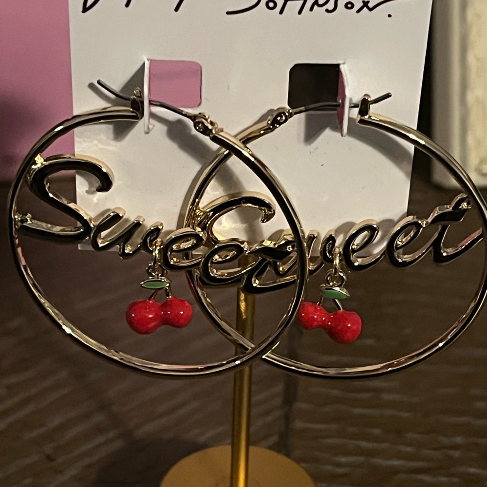 Betsey Johnson Sweet Gold Hoop Earrings with Red Cherry Charm